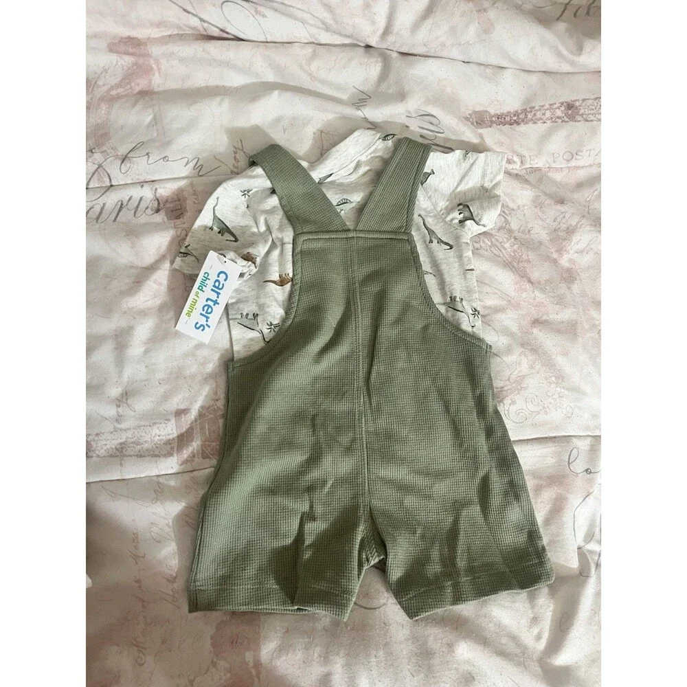 Carter’s Chid Of Mine Green Shorts Overalls With Dino Shirt